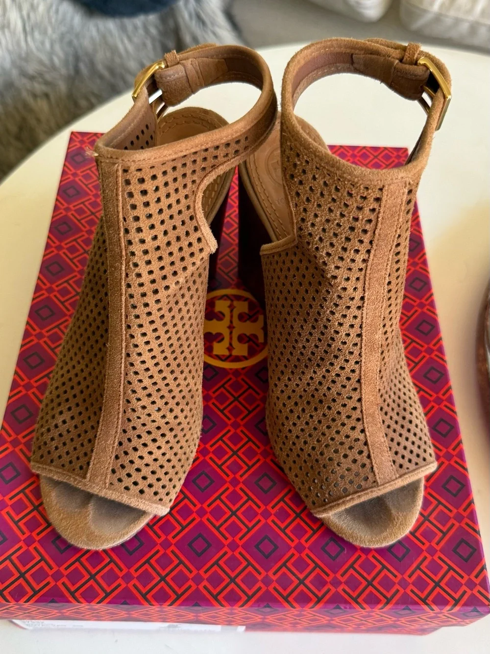 Tory Burch Brown Perforated Suede Peep-Toe Block Heel Booties